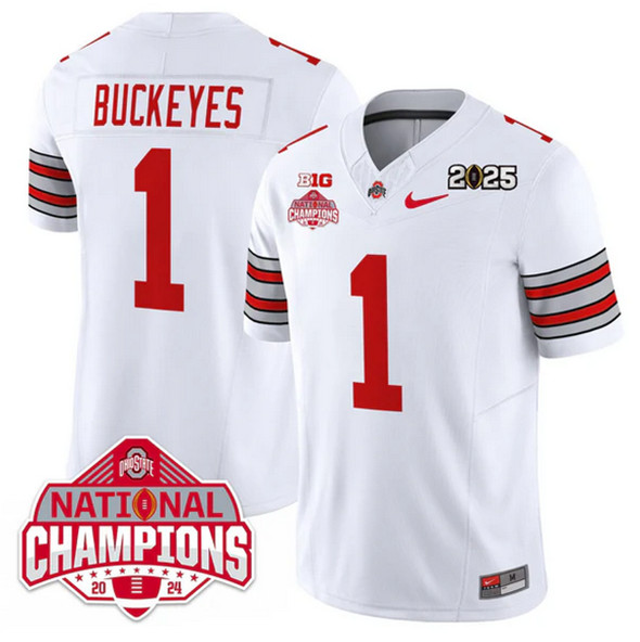 Men's Ohio State Buckeyes #1 Buckeyes White 2025 CFP Final With National Champions Patch F.U.S.E. Vapor Limited Stitched Football Jersey Men's Ohio State Buckeyes #1 Buckeyes White 2025 CFP Final With National Champions Patch F.U.S.E. Vapor Limited Stitched Football Jersey